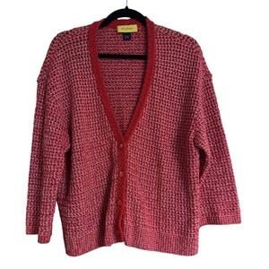 St John Red White Open Knit Wool Blend V-Neck Button Front Cardigan Sweater L